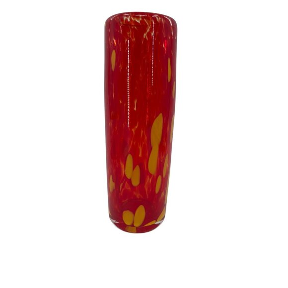 Handcrafted Red & Yellow Art Glass Vase With Abstract Design - Picture 1 of 8